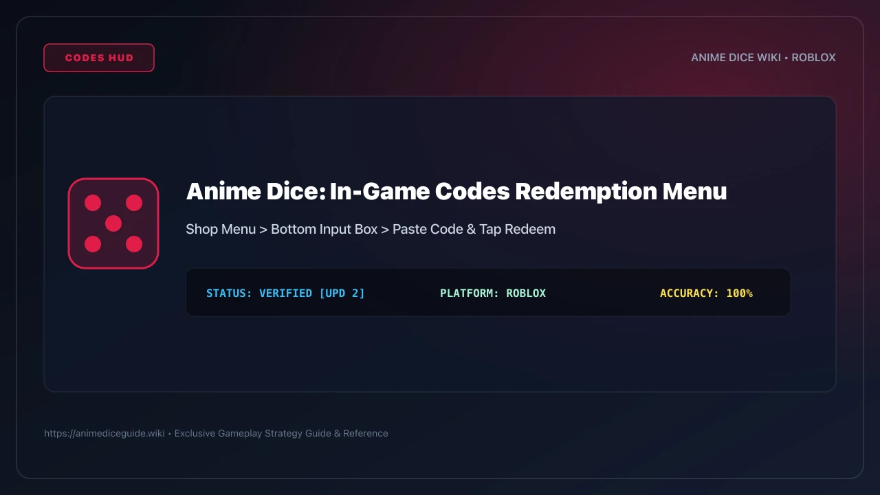 Redeem codes menu in Anime Dice Roblox showing shop button and text input box